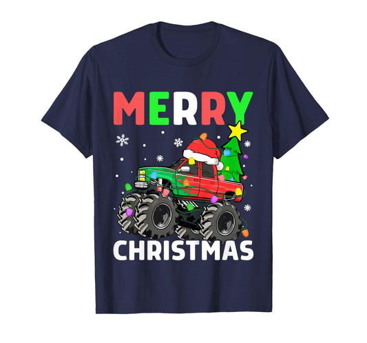 Kids Boys Merry Christmas Monster Truck Santa Hat Toddler Kids T-Shirt