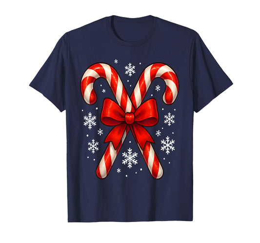 Retro Coquette Bow Candy Cane Christmas Xmas Girls Womens T-Shirt