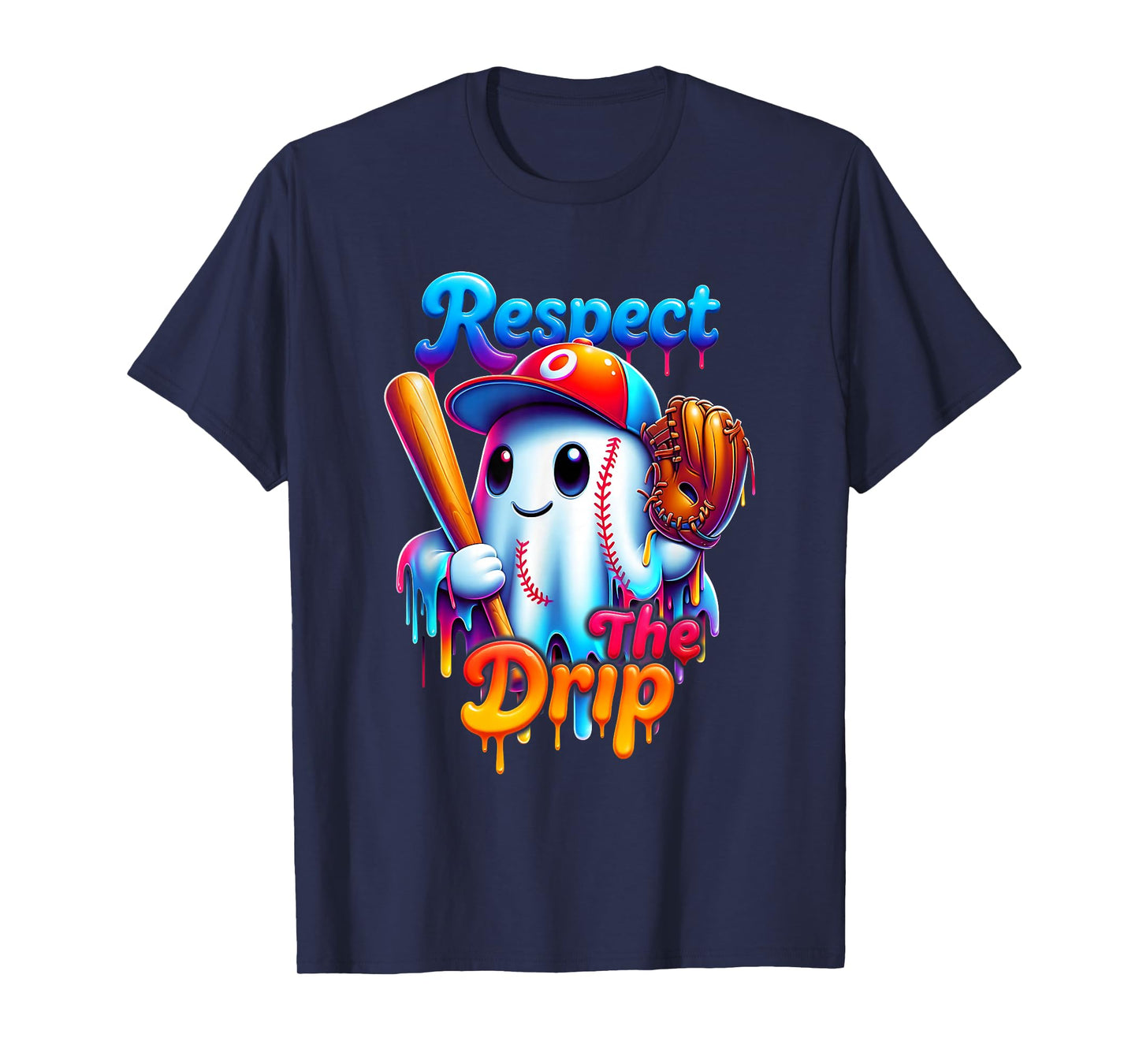 Ghost Baseball Spots Cool Halloween Ice Cream Drip T-Shirt