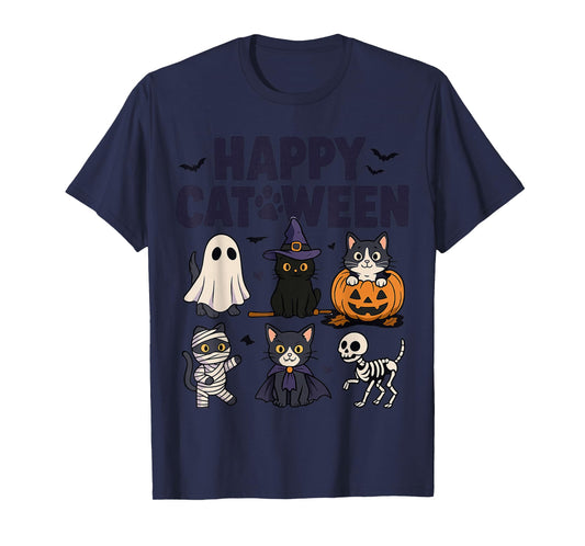Happy Catween Funny Halloween Cats in Costumes Art T-Shirt