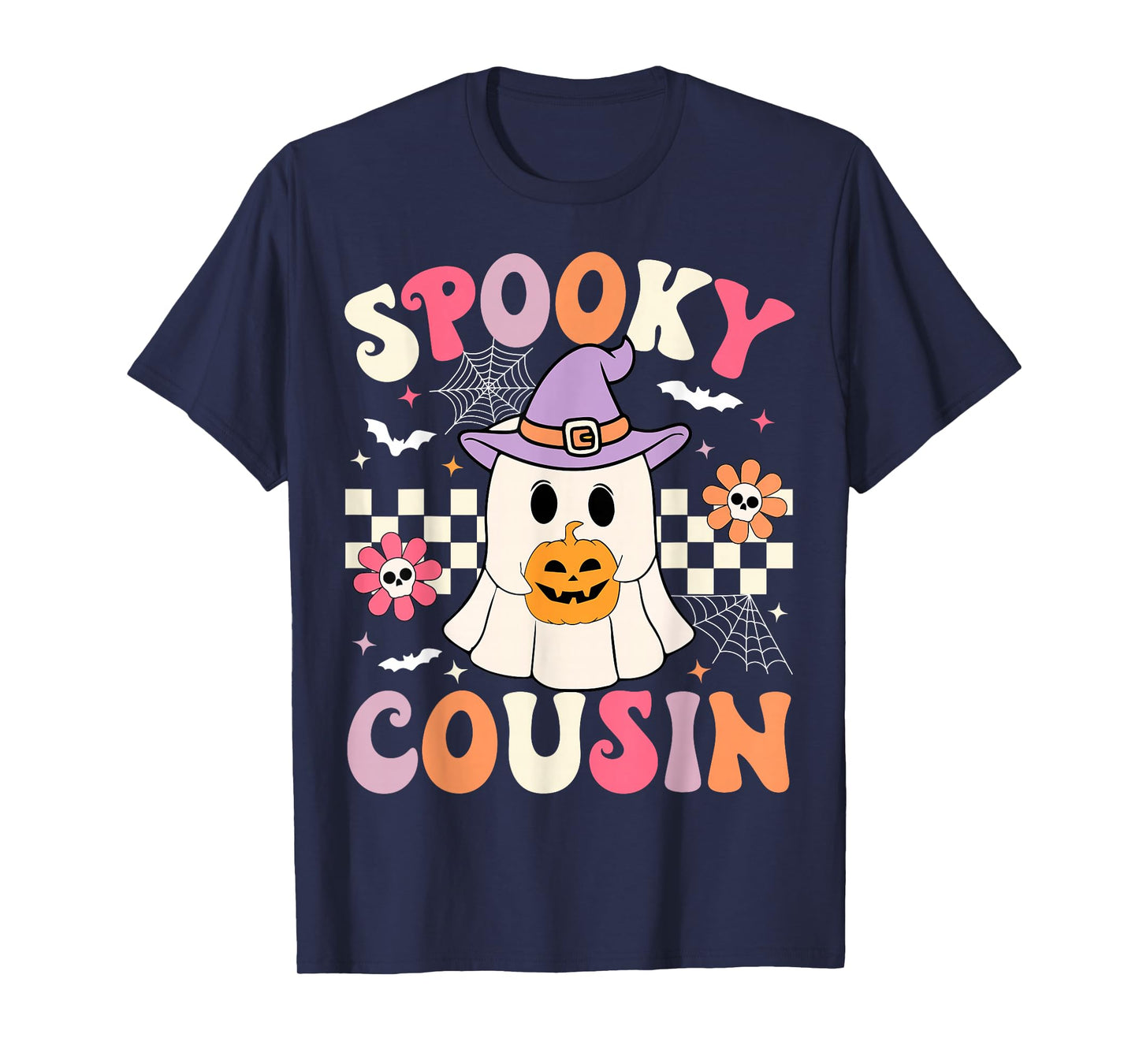 Groovy Spooky Cousin Retro Ghost Holding Pumpkin Halloween T-Shirt