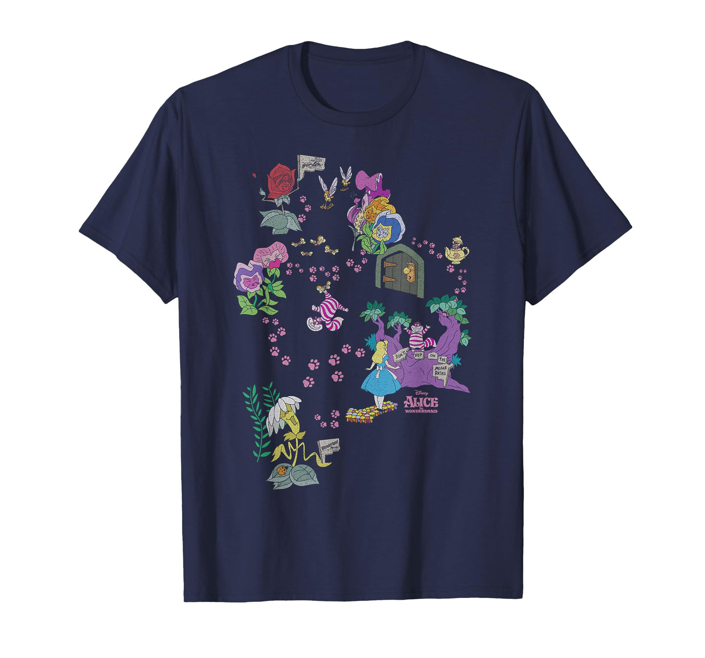 Disney Alice in Wonderland Cheshire Cat Paw Prints Map T-Shirt Small