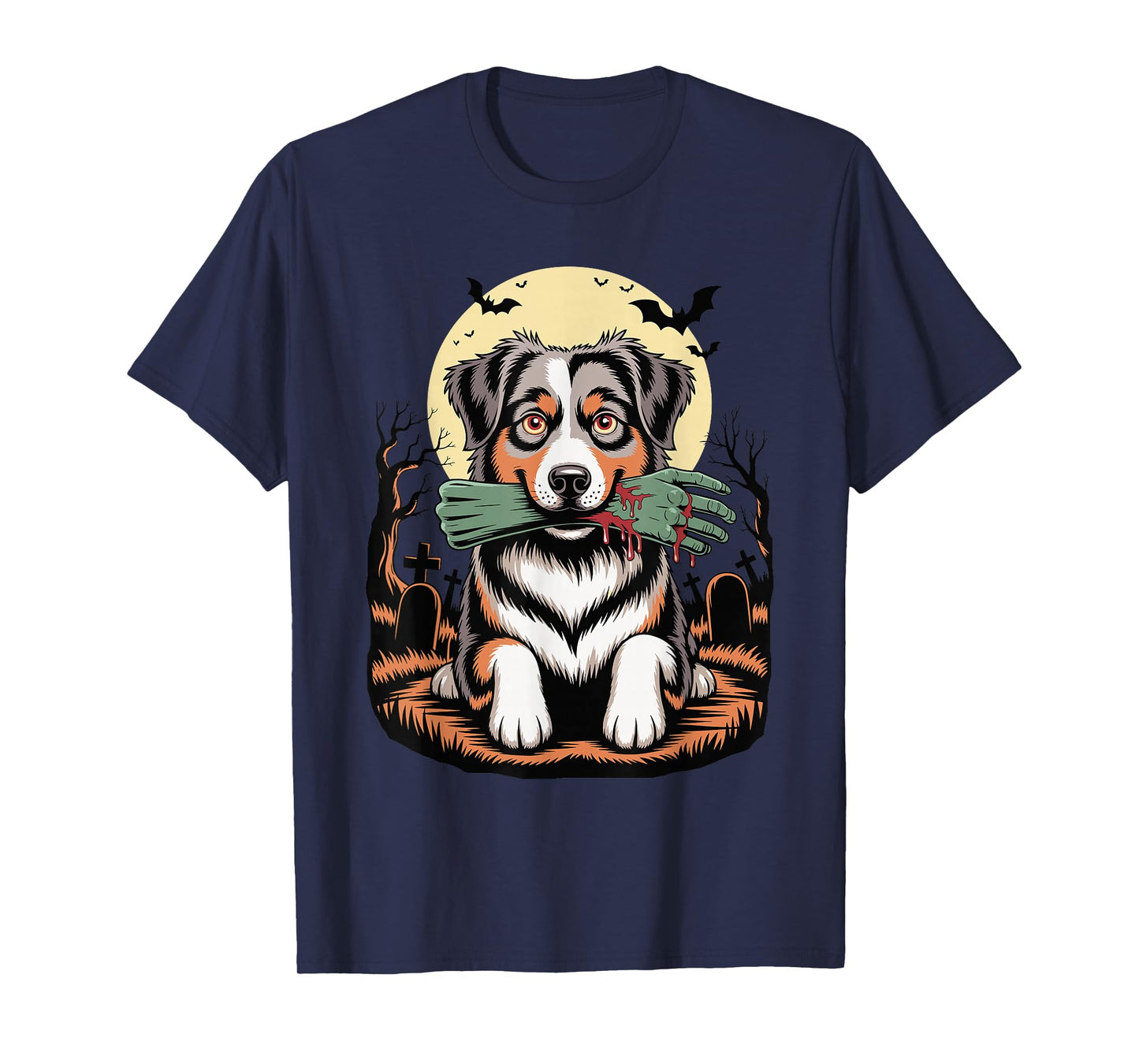Halloween Moon Zombie Hand Australian Shepherd Aussie Dog T-Shirt