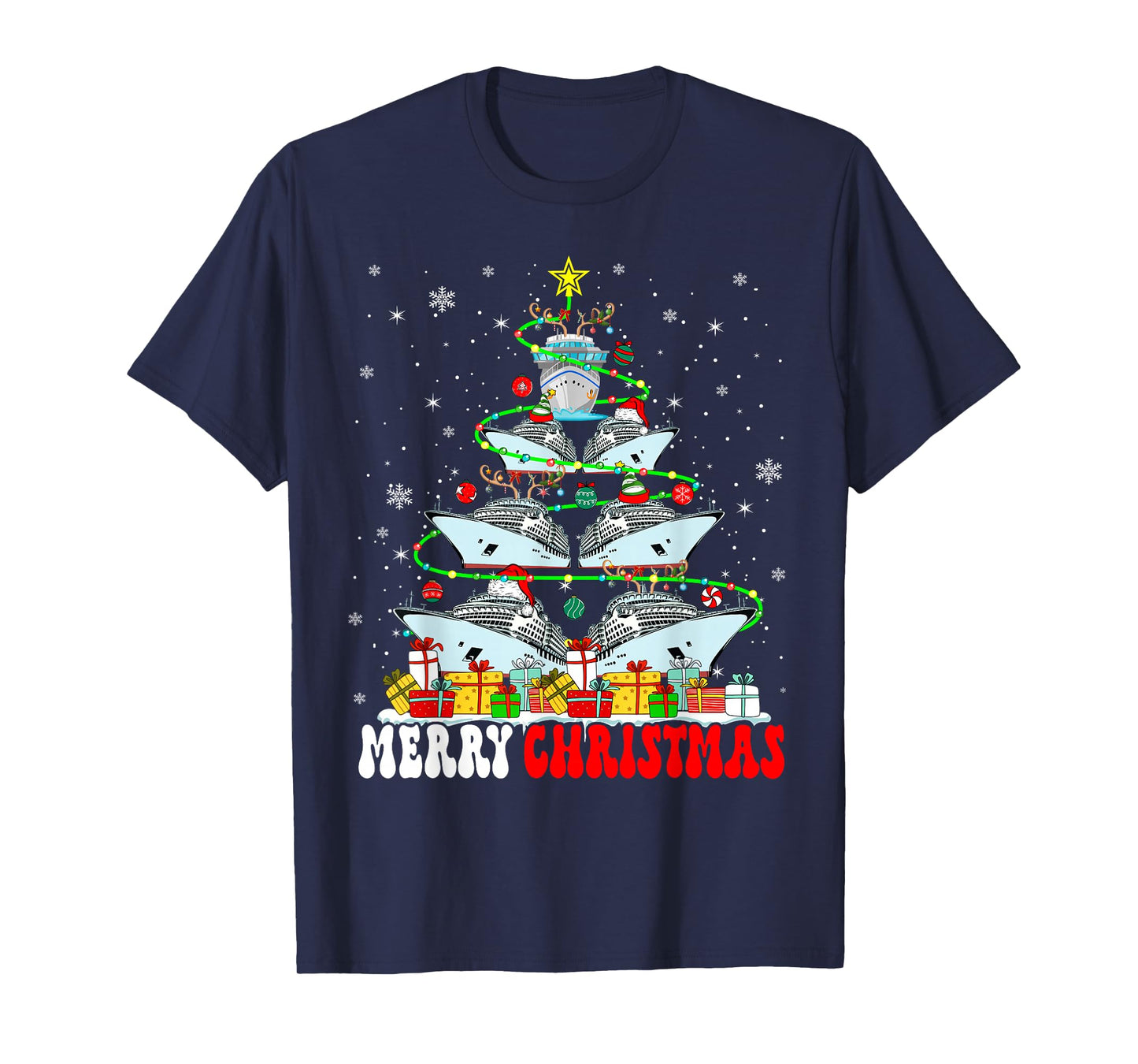 Merry Christmas Reindeer Elf Santa Cruise Ships Xmas Tree T-Shirt