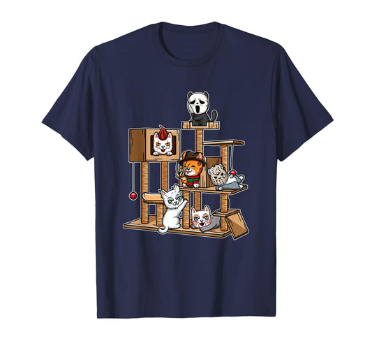 Funny Horror Movie Kitten Playing On Cat Tree T-Shirt