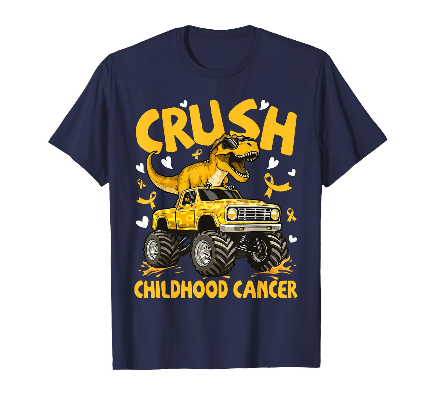 Monster Truck Dinosaur Crush Childhood Cancer Awareness T-Shirt