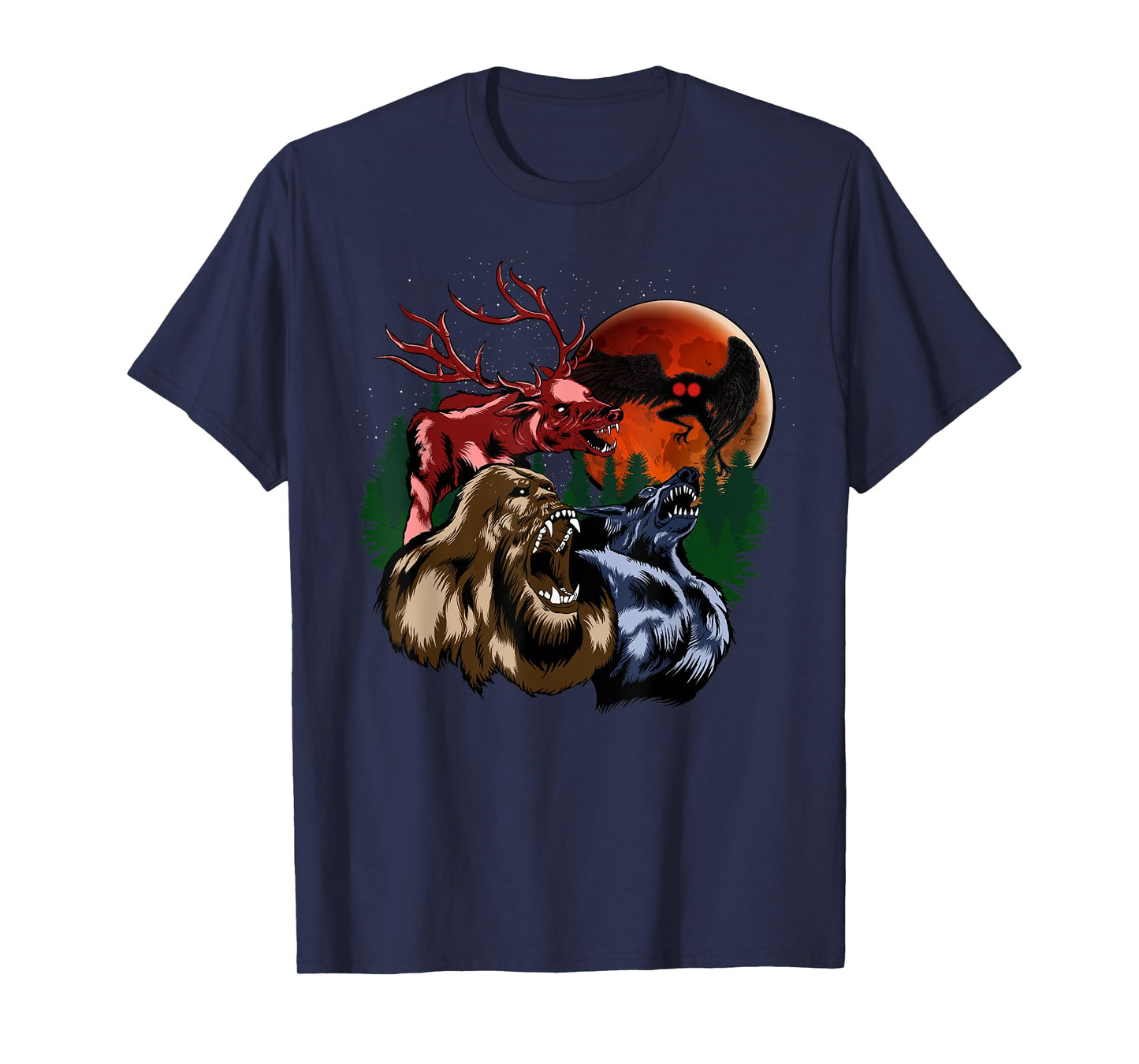 Three Cryptid Moon - Sasquatch, Dogman, Wendigo, Mothman T-Shirt