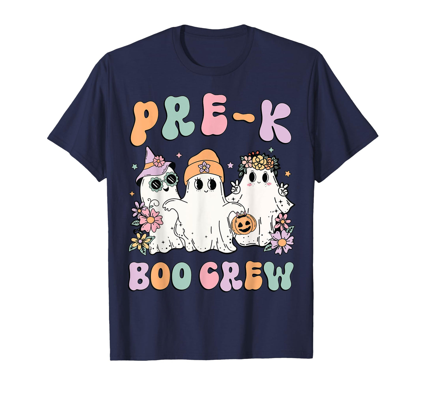 Pre-K Boo Crew Groovy Halloween Floral Ghost Pre K Teacher Men Women Kids T-Shirt