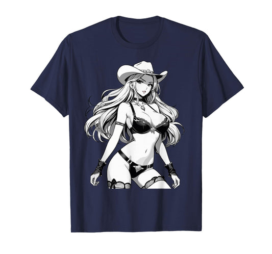 Sexy Waifu Anime Cowgirl Japanese in Black and White Art T-Shirt