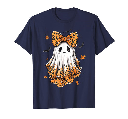 Halloween Leopard Ghost Boo Spooky Coquette Bow T-Shirt