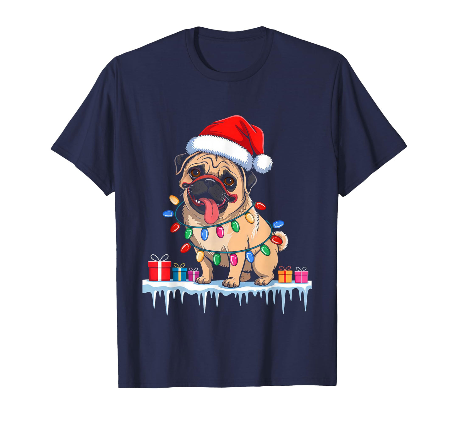 Pug Dog Tree Christmas Lights Funny Xmas Pajamas Dog Lover T-Shirt