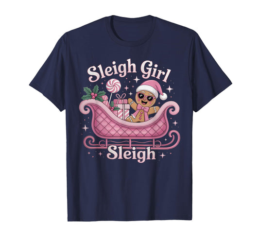 Groovy Pink Christmas Candy Sleigh Girl Gingerbread Holiday T-Shirt