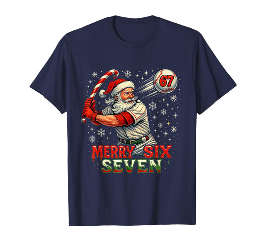 Merry Six Seven Funny Baseball Santa Christmas Design T-Shirt