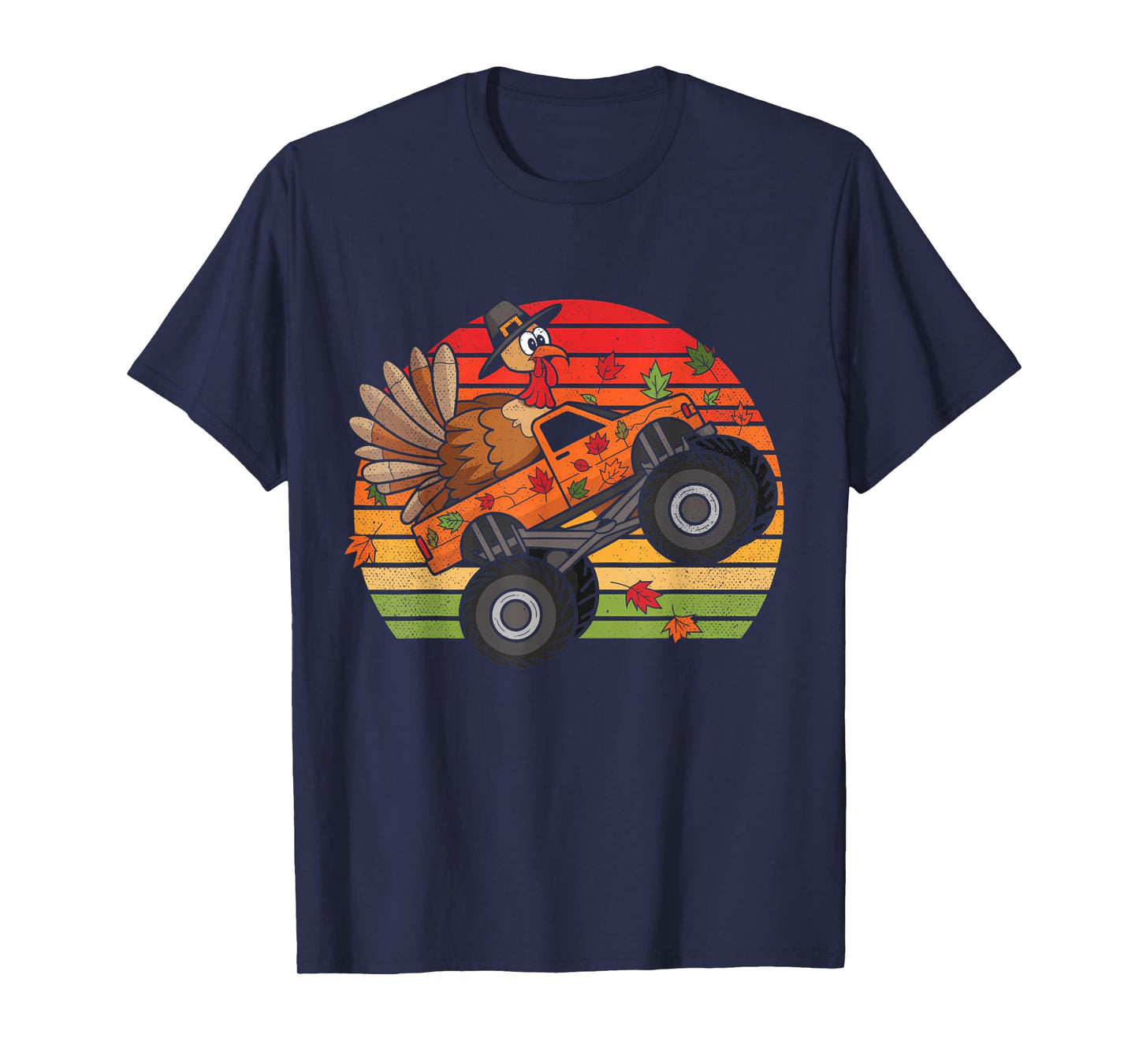 Kids Monster Truck Turkey Sunset Retro Thanksgiving Boy Kid T-Shirt