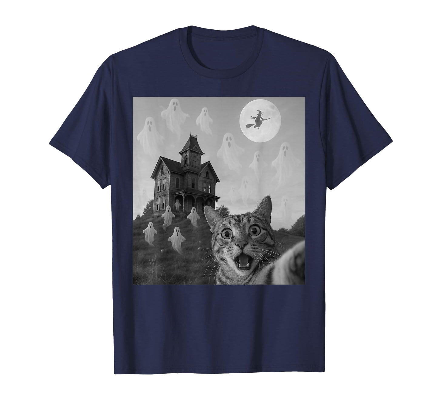 Halloween Cat Selfie Scary House Ghosts Funny Cat Halloween T-Shirt