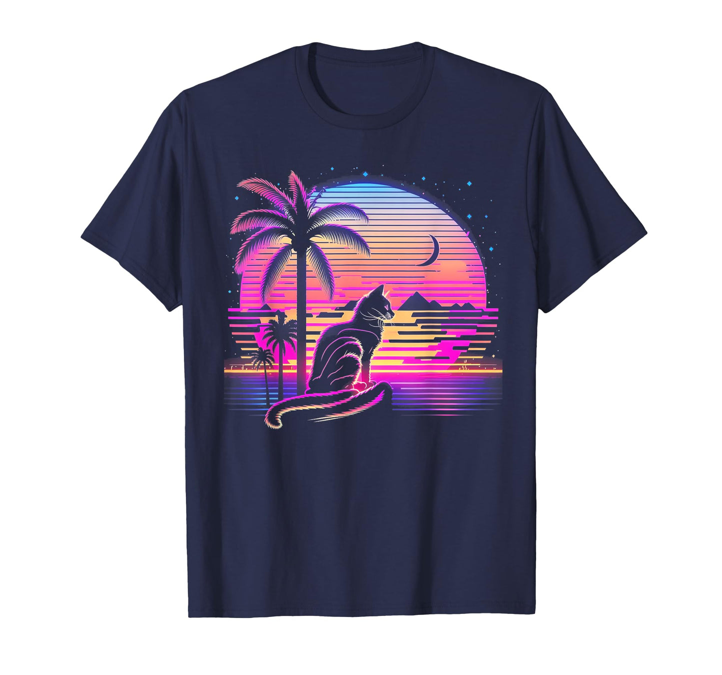 Cat Vaporwave Retrowave Aesthetic Synthwave 80s Palm Tree Men Women Kids T-Shirt