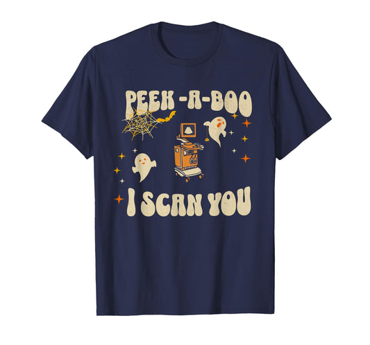 Retro Ultrasound Peek-A-Boo Halloween Ghost Sonography Crew T-Shirt