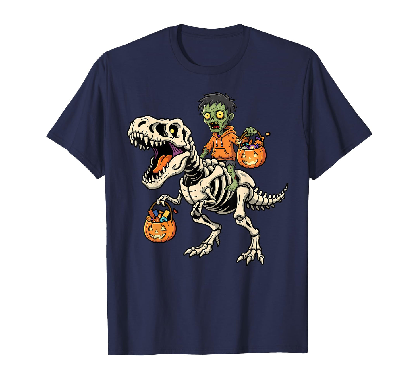 Zombie Riding Skeleton T-Rex Funny Halloween Dinosaur T-Shirt