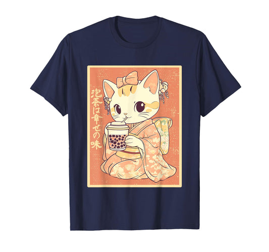Kawaii Kimono Cat with Bubble Tea T-Shirt