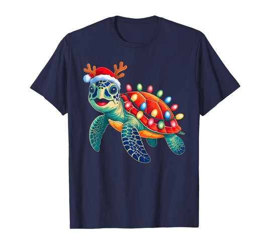 Sea Turtle Christmas Lights Santa Hat Xmas Family Men Women T-Shirt