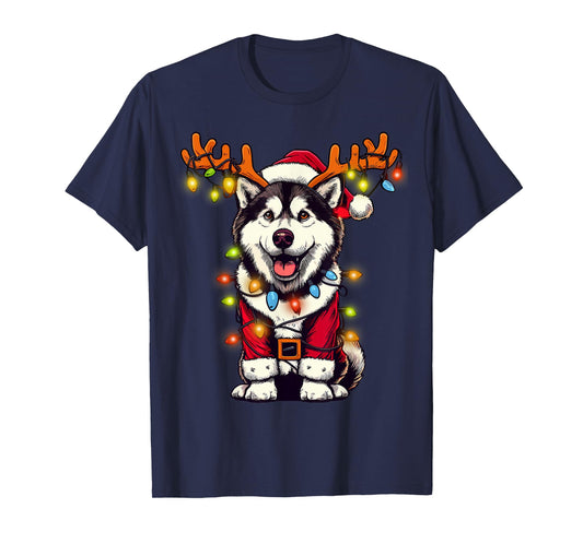 Funny Siberian Husky Christmas Tree Lights, Santa Dog T-Shirt