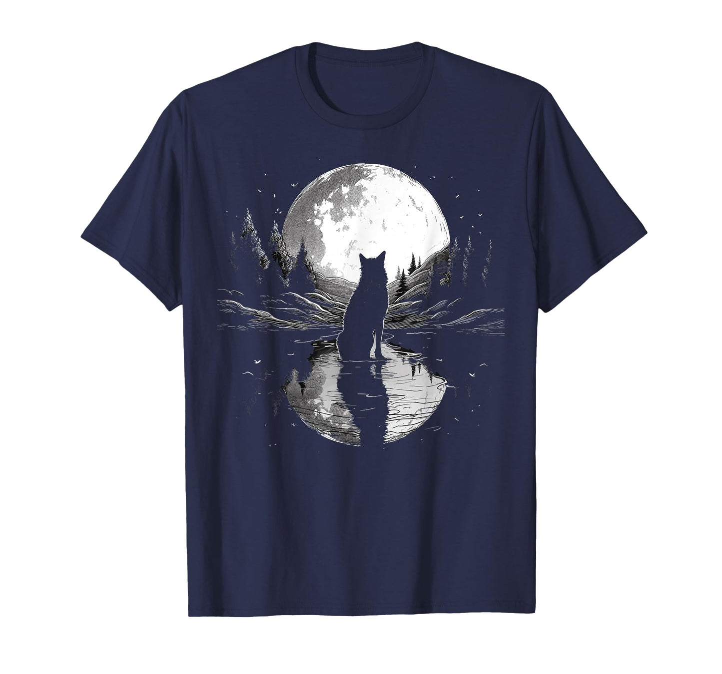 wolf looking moon on River for lover wolves wildlife animal T-Shirt
