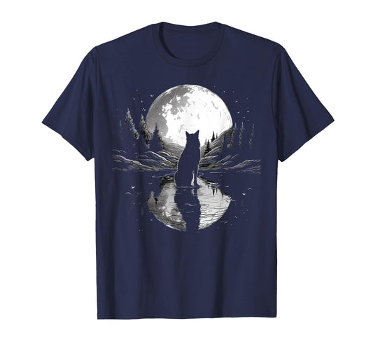 wolf looking moon on River for lover wolves wildlife animal T-Shirt