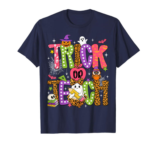 Retro Trick Or Teach Leopard Ghost Halloween Spooky Teacher T-Shirt