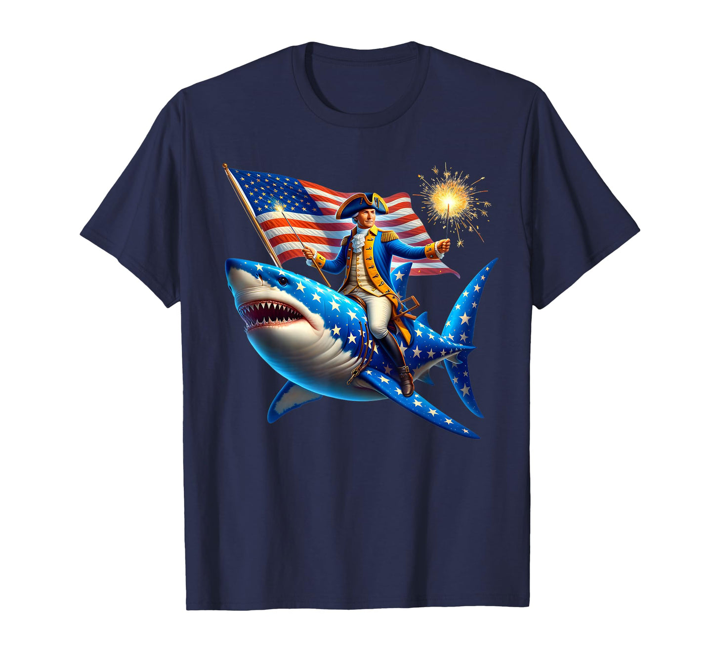 Washington Riding Shark Funny July 4th American Flag Patriot T-Shirt