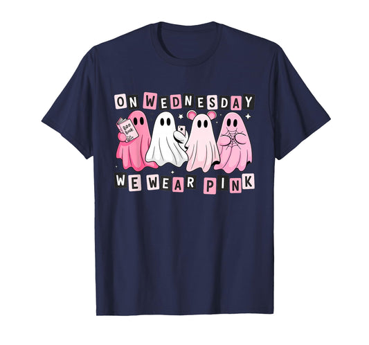 FUUNY On Wednesday We Wear Cute Pink Ghost Halloween T-Shirt