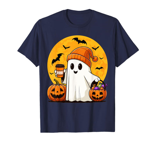 Cute Ghost Drinking Coffee Pumpkin Boo Funny Halloween Ghost T-Shirt
