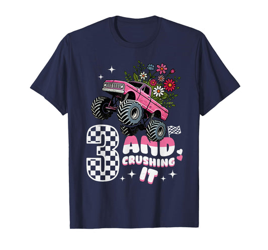 Girls Monster Truck 3rd Birthday Party 3 & Crushing It Kids T-Shirt
