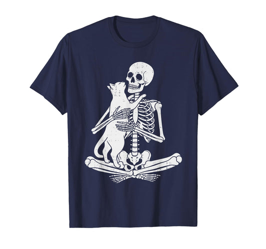 Skeleton Holding Cat Funny Spooky Halloween Meow Kitty Lover T-Shirt