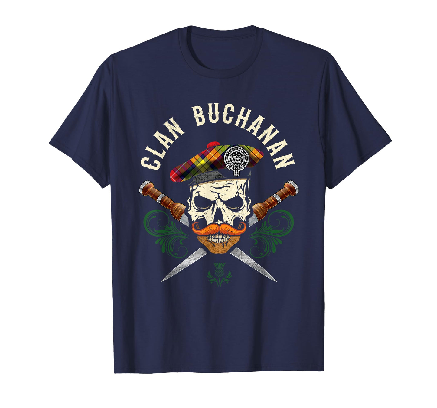 Buchanan Surname Scottish Clan Skull Tam Dirks Tartan Badge T-Shirt