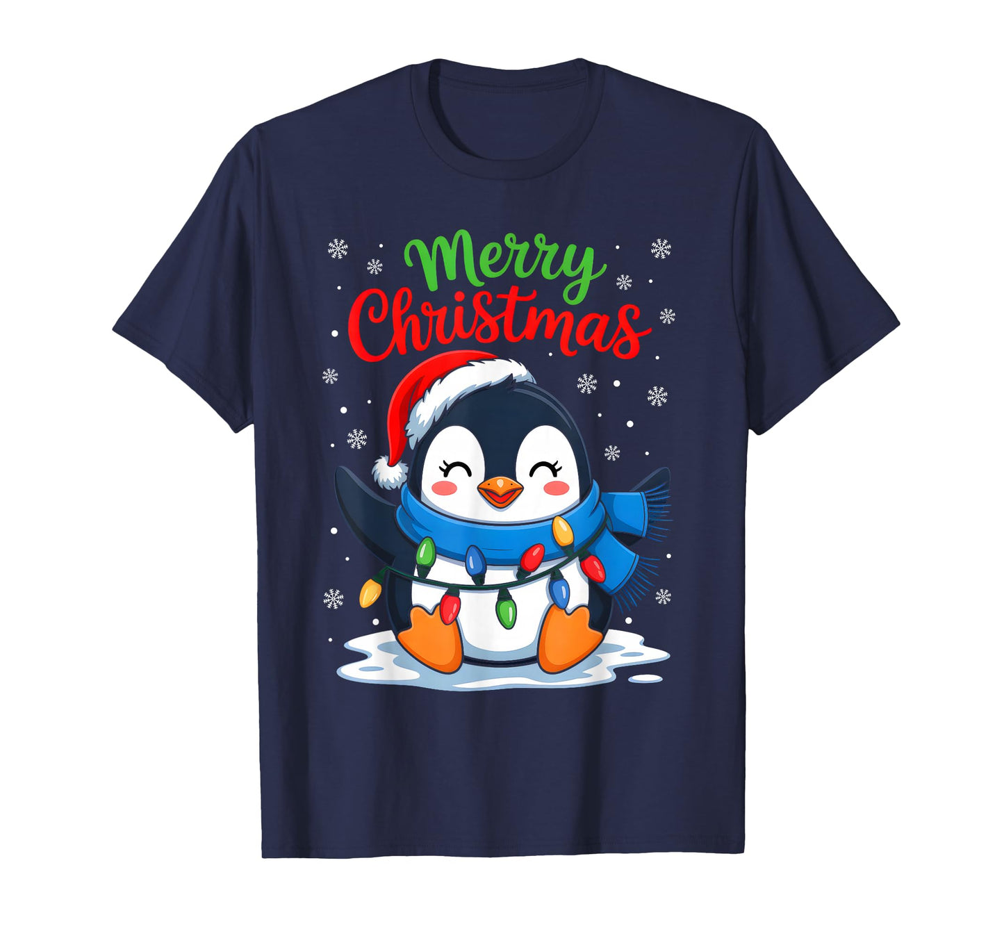 Merry Christmas Penguin Santa Hat Xmas Light Family Matching T-Shirt