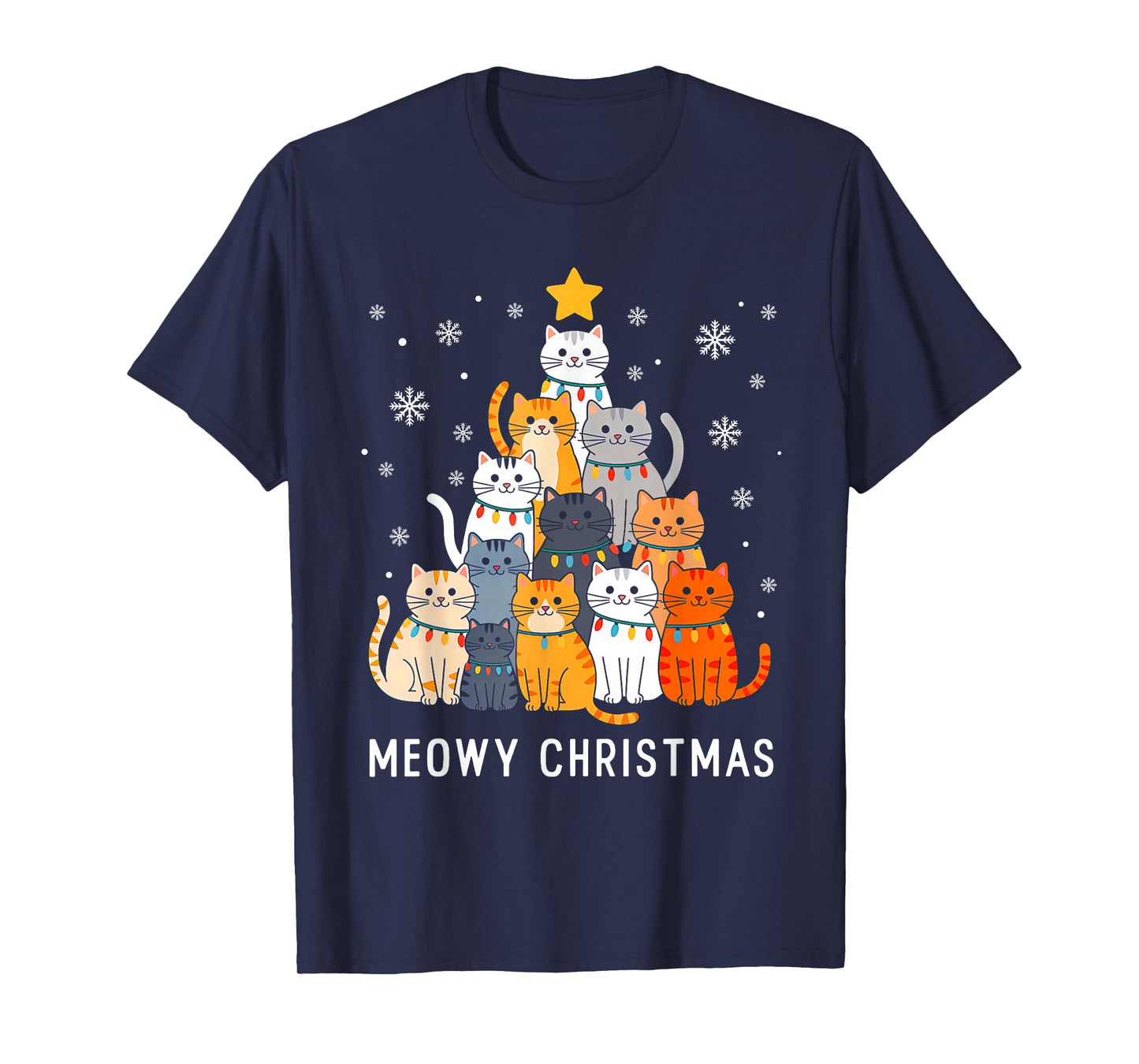 Cute Cat Meowy Christmas Tree Lights Santa Hat Xmas Pajamas T-Shirt