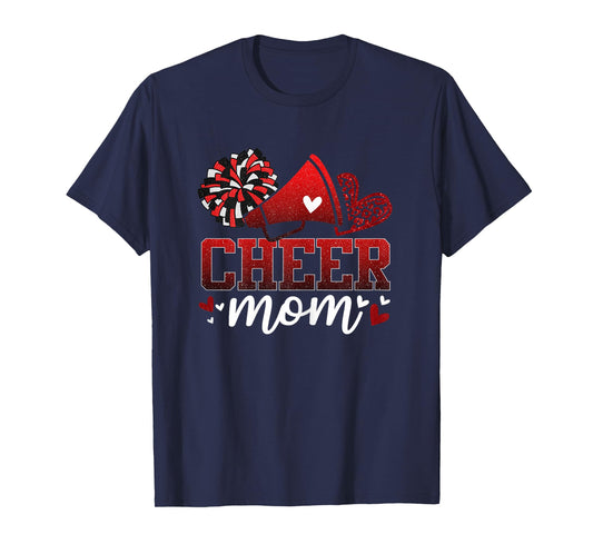 Football Cheer Mom Red Black Pom Leopard Cheerleader T-Shirt