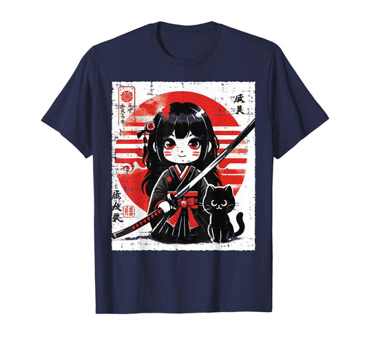 Japanese Samurai Girl Black Cat Kawaii Anime Women Girls Kid T-Shirt