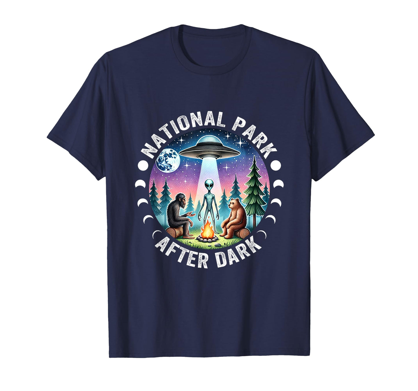 Vintage Retro Funny National Park After the Dark Big foot Alien Campfire T-Shirt, Small, Black