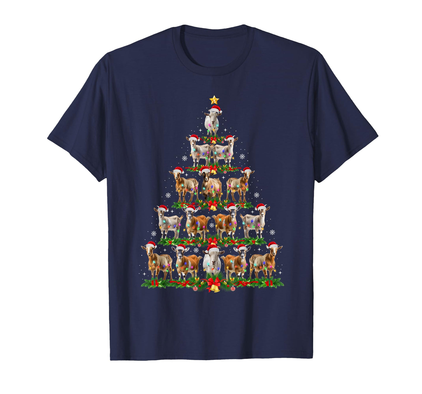 Funny Goat Christmas Tree Lights Santa Hat Xmas Pajamas T-Shirt