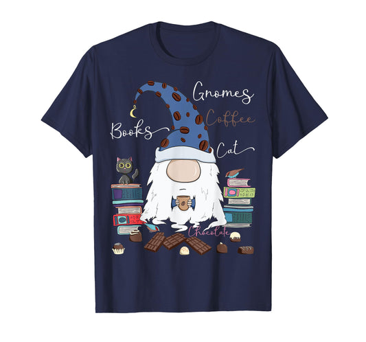 Gnomes Coffee Books Cat Chocolate Funny Gnome & Coffee Lover Men Women Girls Kids T-Shirt
