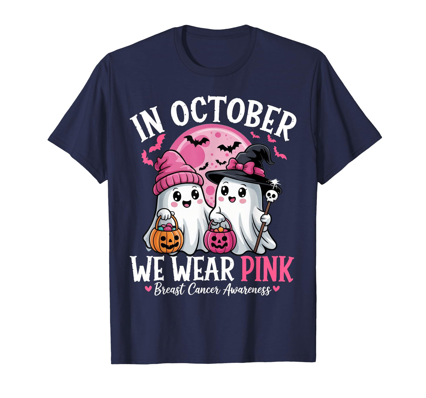in October We Wear Pink Ghost Witch Breast Cancer Awareness T-Shirt