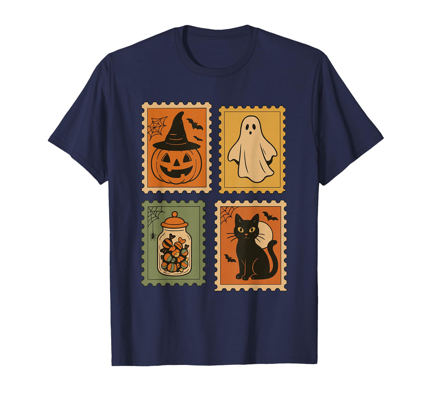 Retro Halloween Stamps, Pumpkin Ghost Black Cat Spooky T-Shirt