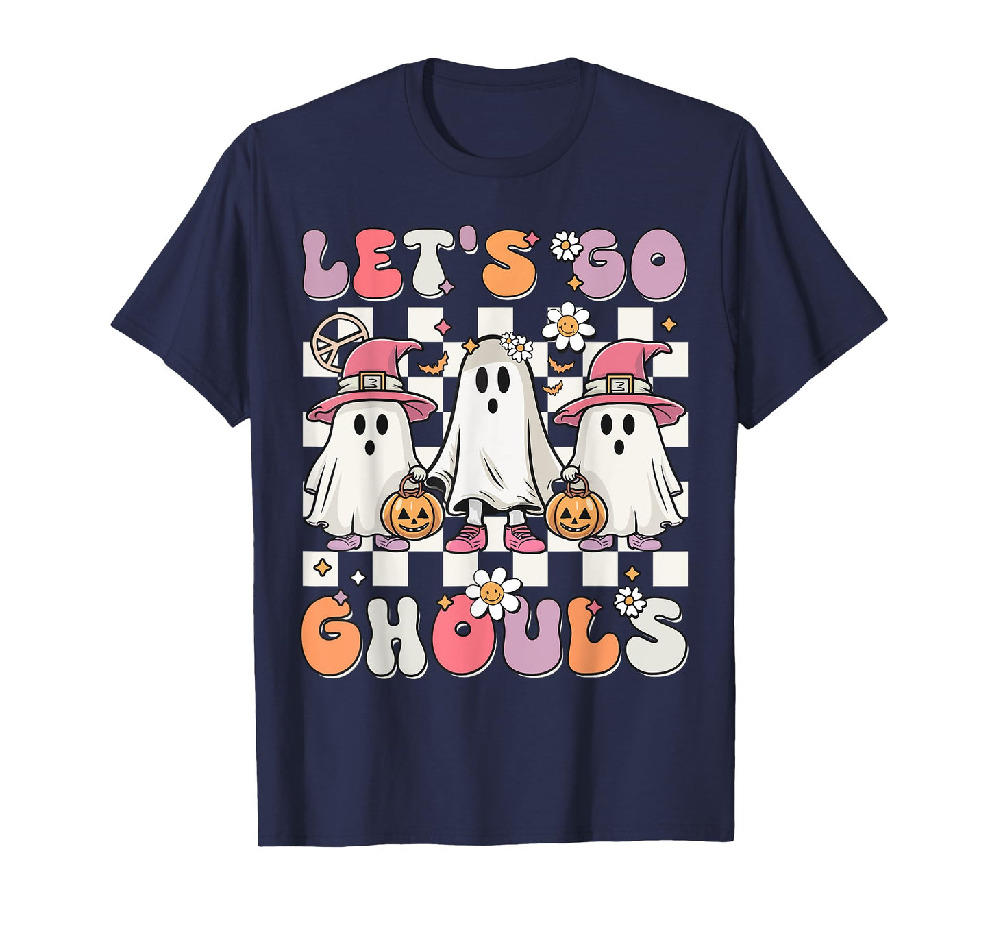 Women Girls Let's Go Ghouls Halloween Retro Ghost Costume T-Shirt