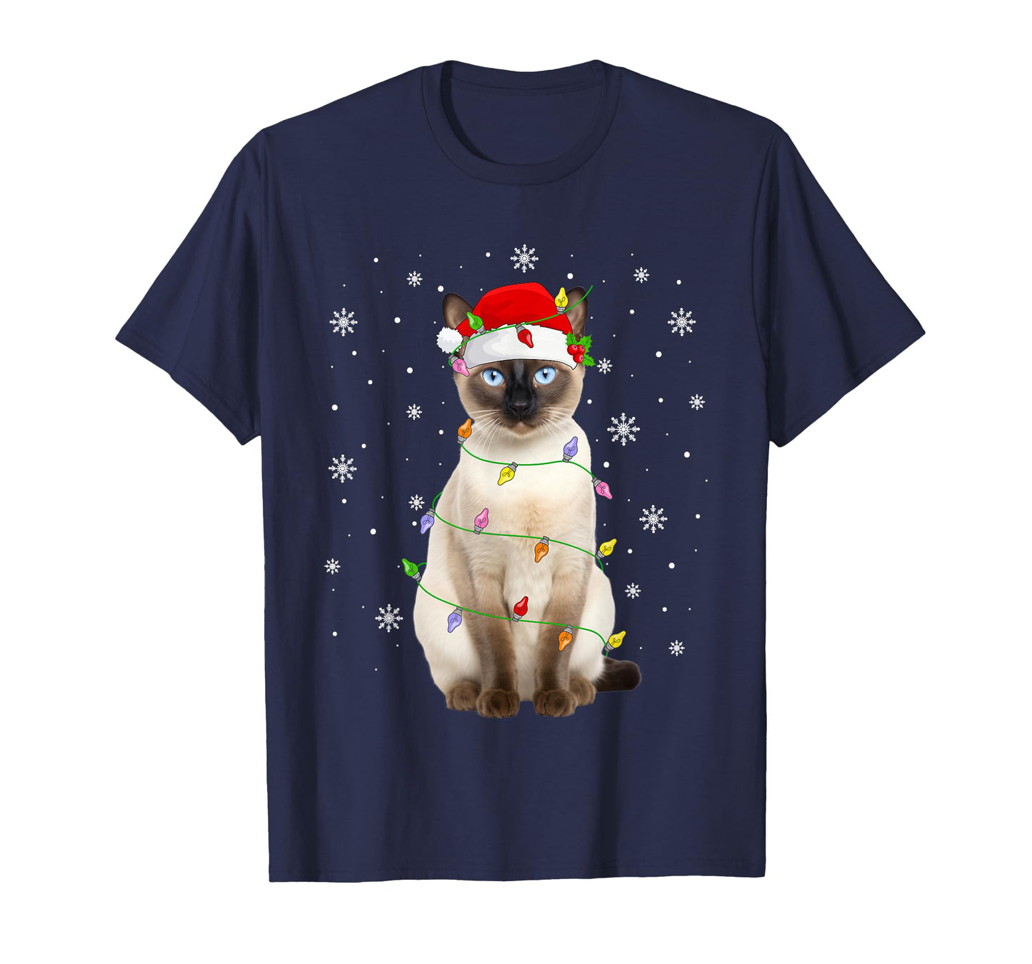 Siamese Cat Christmas Lights Funny Santa Hat Cat Lover Xmas T-Shirt