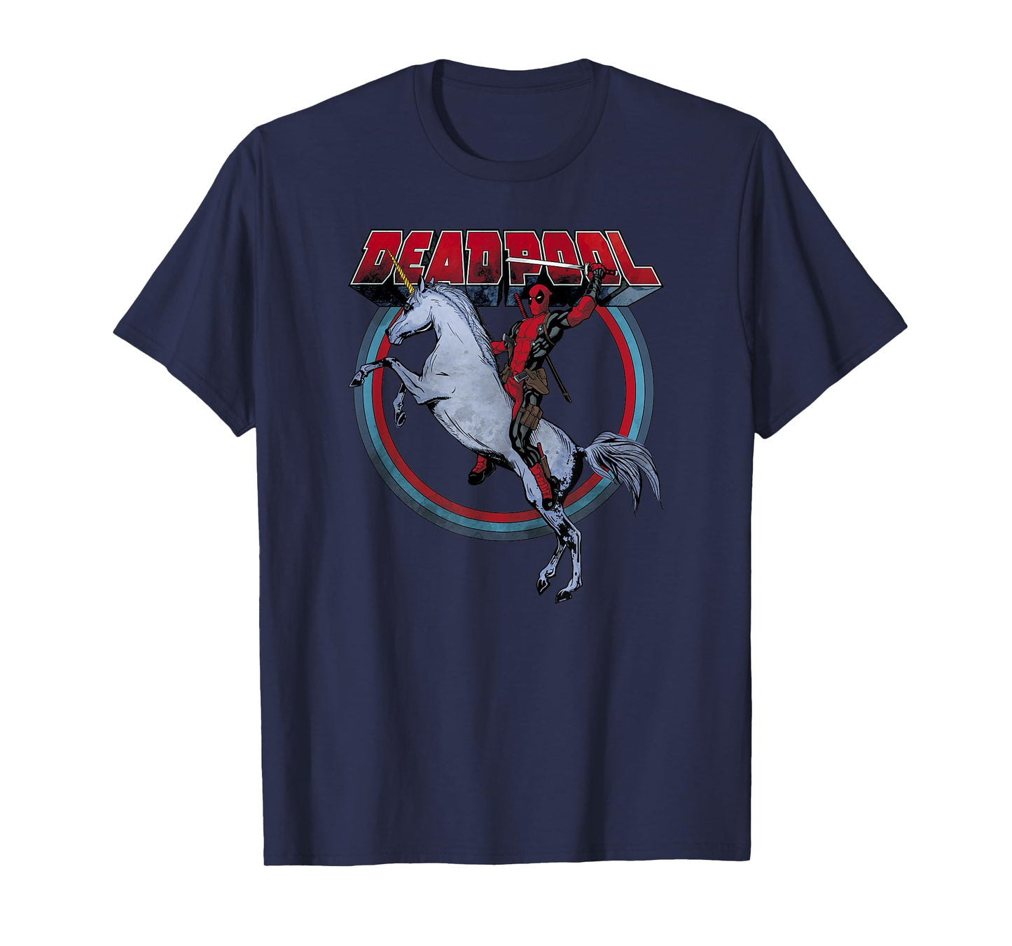 Marvel Deadpool MERC Riding a Unicorn Rainbow Circle T-Shirt Small