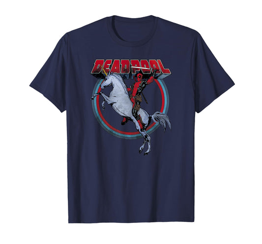 Marvel Deadpool MERC Riding a Unicorn Rainbow Circle T-Shirt Small