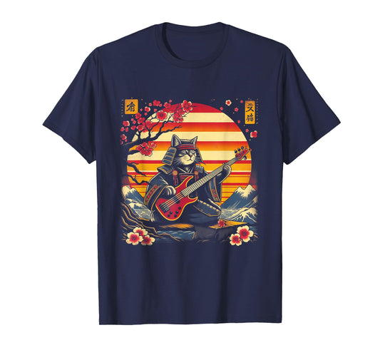 Japanese Samurai Cat Playing The Bass Ninja Kitten Warriors T-Shirt
