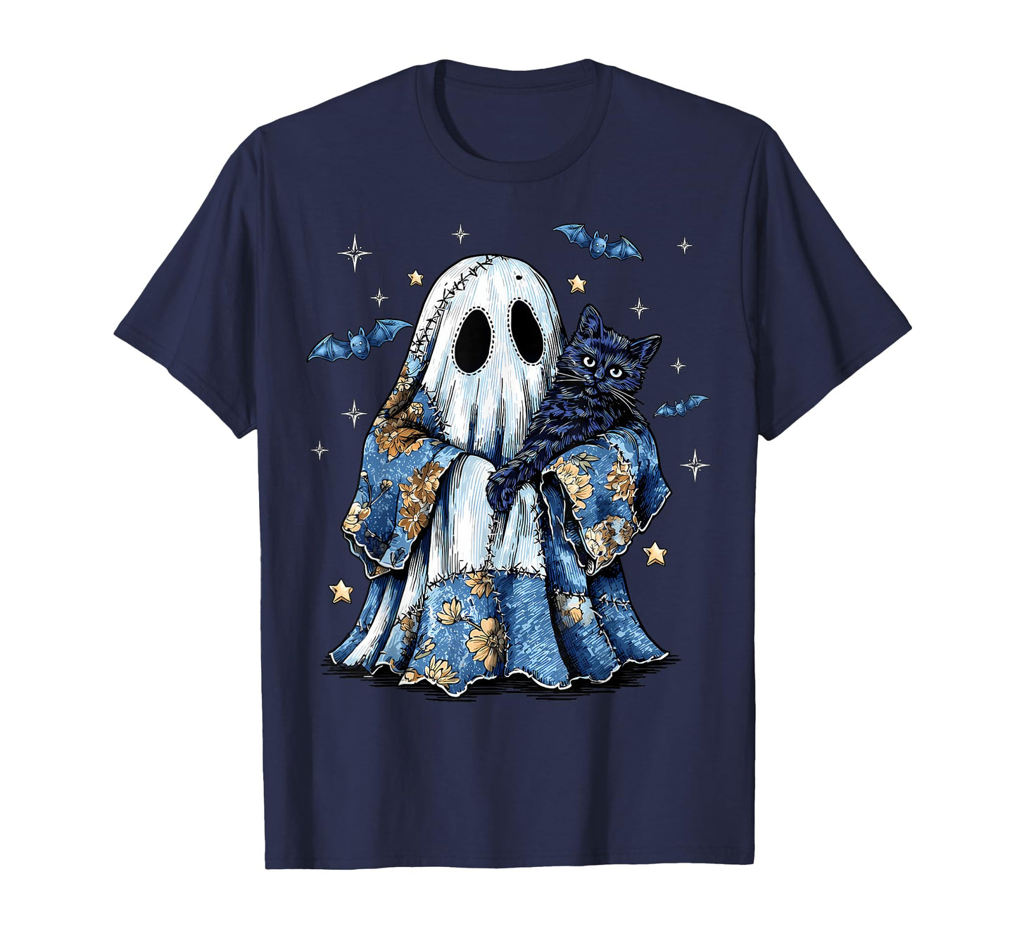 Retro Halloween Blue Denim Patchwork Ghost Black Cat Spooky T-Shirt