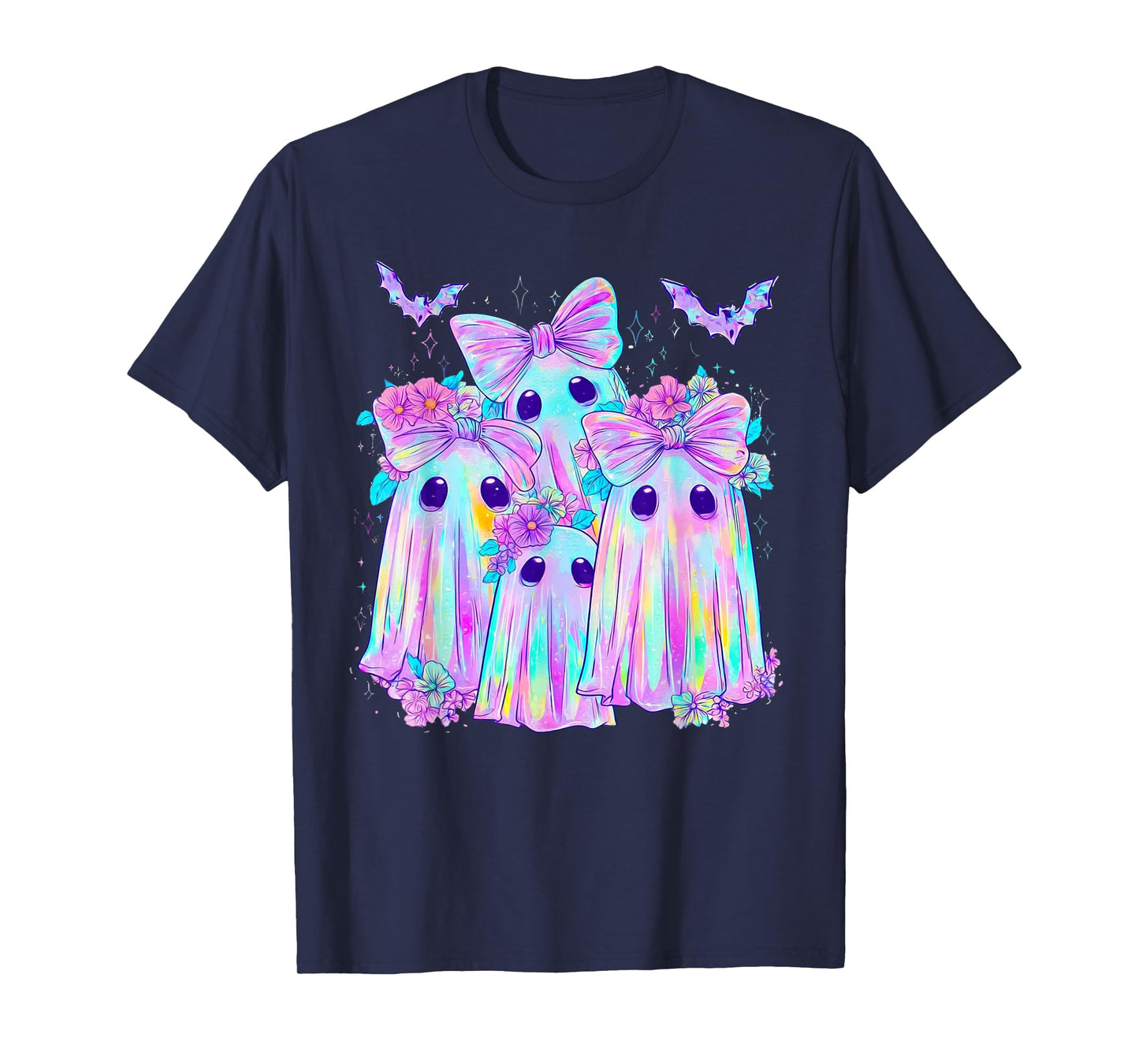 Floral Colorful Ghosts Boo Coquette Bow Spooky Halloween T-Shirt